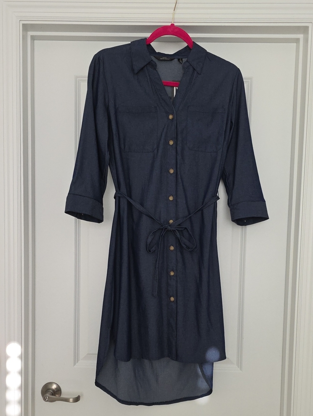 Mlle Gabrielle Navy High-Low Lightweight Shirt Dress with Tie Waist